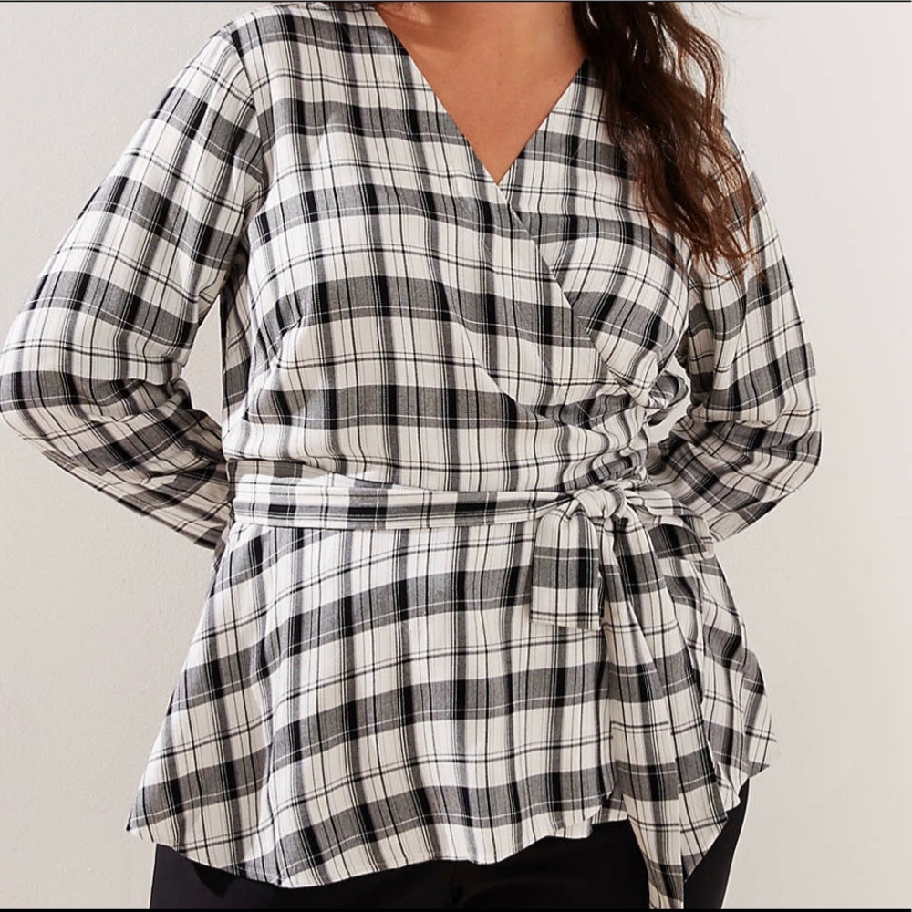 LOFT Black and White Plaid Wrap Blouse